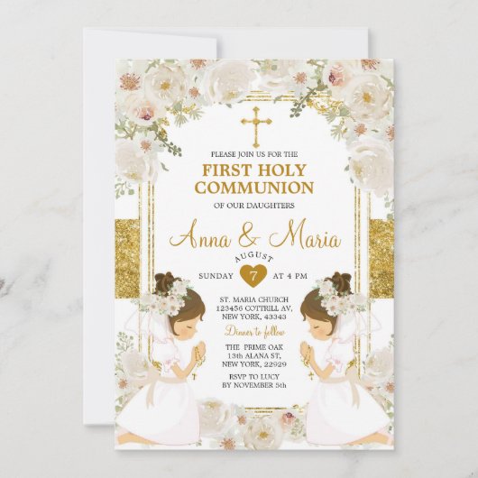 Invitation Fleur blanche jumelle 1ère Sainte Communion (Devant)