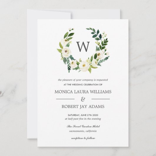 Invitation Fleur blanche | Mariage de monogramme floral (Devant)