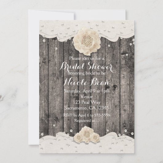 Invitation Fleur Blanche Romantique & Perles Bois Rustique (Devant)