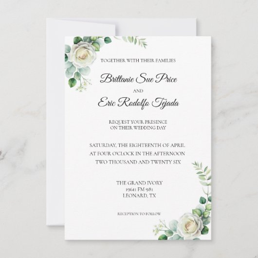 Invitation Fleur Blanche Verte Eucalyptus (Devant)