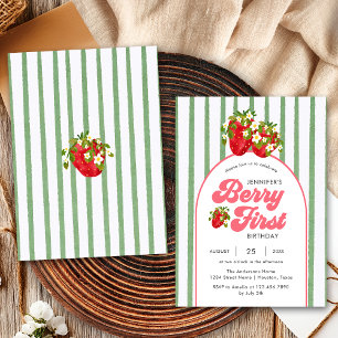 Invitation Fleur Blanche Verte Fraise Baie 1er Anniversaire