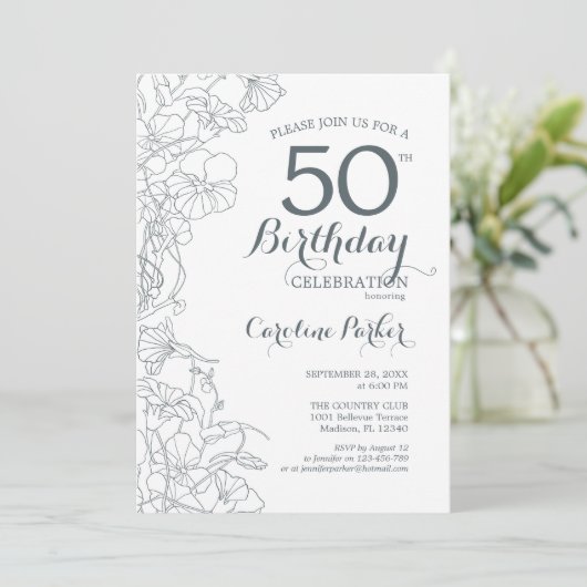 Invitation Fleur bleu ardoise 50e anniversaire (Debout devant)