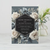 Invitation Fleur Bleu Ardoise Mariage Opulent (Debout devant)