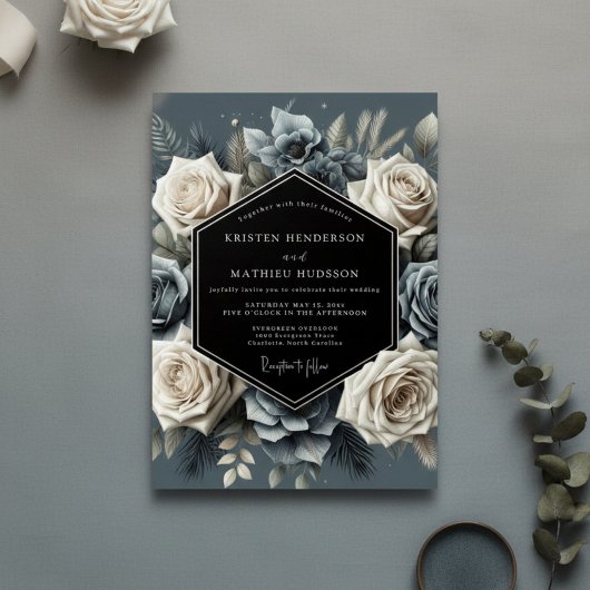 Invitation Fleur Bleu Ardoise Mariage Opulent