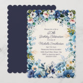 Invitation Fleur Bleu Blanc 60e Anniversaire à Bordure Ondulé (Devant / Derrière)
