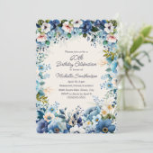 Invitation Fleur Bleu Blanc 60e Anniversaire à Bordure Ondulé (Debout devant)