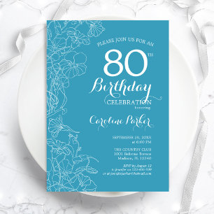 Invitation Fleur bleu clair 80e anniversaire