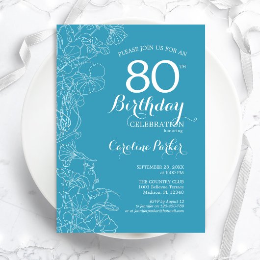 Invitation Fleur bleu clair 80e anniversaire