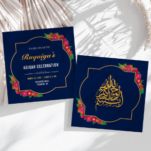Invitation Fleur Bleu Foncé Bébé Fille Aqiqah