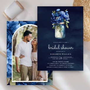 Invitation Fleur Bleu Foncé Pot Mason Photo Baby Shower Marié