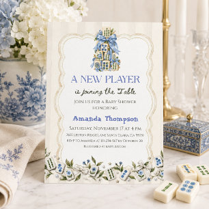 Invitation Fleur Bleu Nouveau Joueur Mahjong Baby Boy Shower