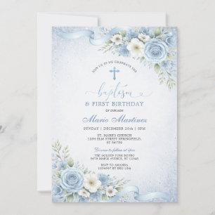 Invitation Fleur Bleu Poussiéreux Baptême Garçon Fête d'Anniv