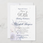 Invitation Fleur Bleue 90e Anniversaire Argent Élégant Chic (Dos)