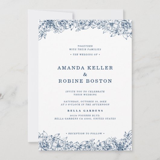 Invitation Fleur Bleue Blanc Élégant Mariage Tout en un (Devant)