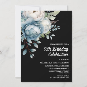 Invitation Fleur Bleue Blanche Anniversaire 50 Ans Femme
