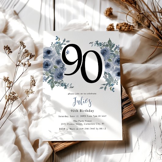 Invitation Fleur Bleue Élégante 90e Anniversaire
