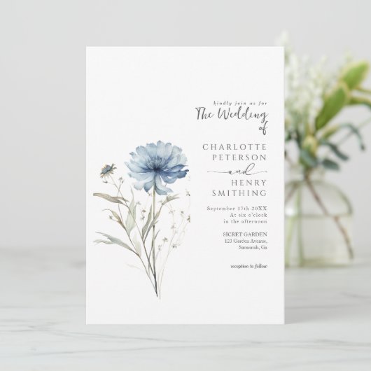 Invitation Fleur Bleue Élégante Mariage Moderne Code QR (Debout devant)
