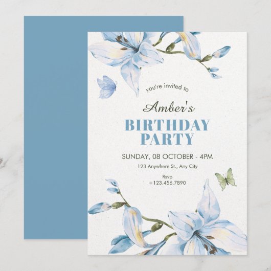 Invitation Fleur bleue esthétique floraison anniversaire (Devant / Derrière)