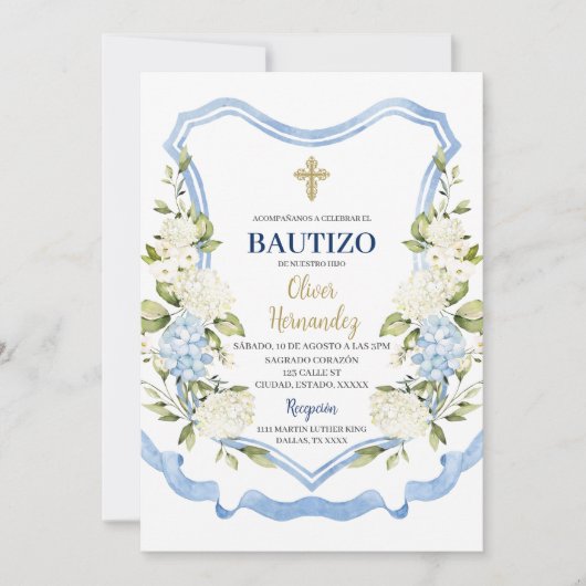 Invitation Fleur bleue et blanche Bautizo Espagnol (Devant)