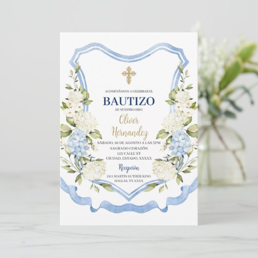 Invitation Fleur bleue et blanche Bautizo Espagnol (Debout devant)