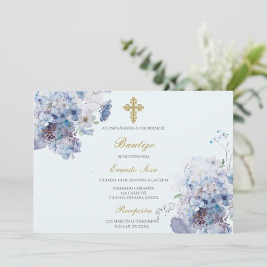 Invitation Fleur bleue horizontale Baptême espagnol (Debout devant)