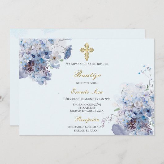 Invitation Fleur bleue horizontale Baptême espagnol (Devant / Derrière)