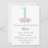 Invitation Fleur bleue, rose pastel 1ère fête d'anniversaire (Devant)