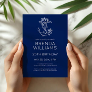 Invitation Fleur bleue sur fond bleu pour fête d'anniversaire