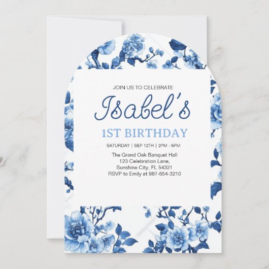Invitation Fleur Bleue Vintage Élégant Chinoiserie (Devant)