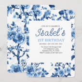 Invitation Fleur Bleue Vintage Élégante Chinoiserie (Devant / Derrière)