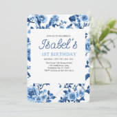 Invitation Fleur Bleue Vintage Élégante Chinoiserie (Debout devant)