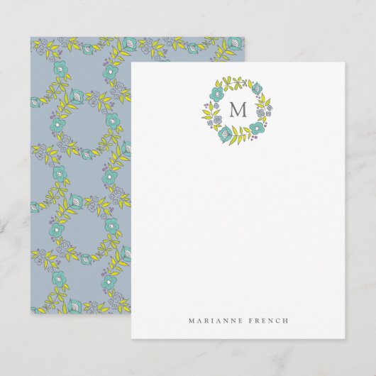 Invitation Fleur bleue Wreath Monogramme Papier personnel (Devant / Derrière)