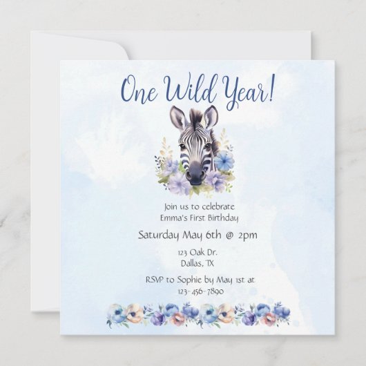 Invitation Fleur bleue Zèbre Anniversaire (Devant)