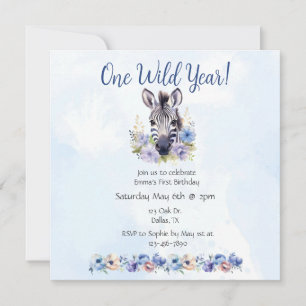 Invitation Fleur bleue Zèbre Anniversaire