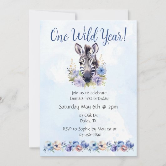 Invitation Fleur bleue Zèbre Anniversaire (Devant)