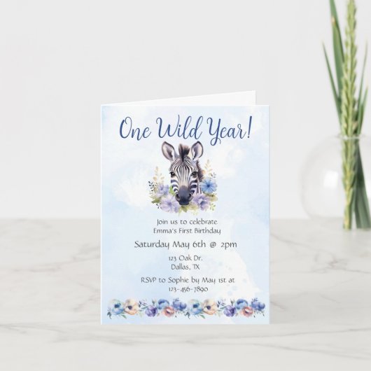 Invitation Fleur bleue Zèbre Anniversaire (Devant)
