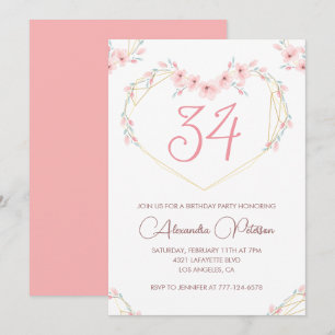 Invitation Fleur bohème aquarelle rose 34e anniversaire