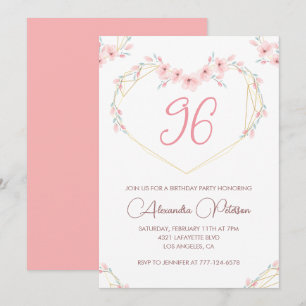 Invitation Fleur bohème aquarelle rose 96e anniversaire