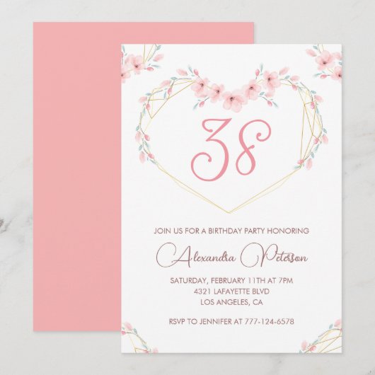 Invitation Fleur boho aquarelle rose 38e anniversaire  (Devant / Derrière)