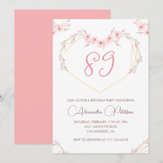 Invitation Fleur boho aquarelle rose 89e anniversaire (Devant / Derrière)