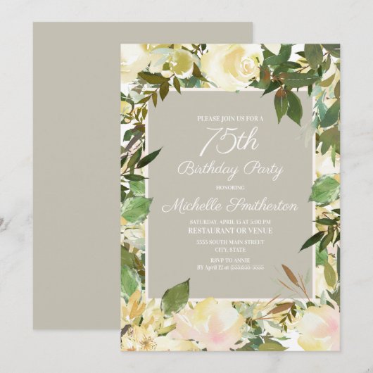 Invitation Fleur botanique blanche crémeuse pour 75e annivers (Devant / Derrière)