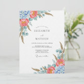 Invitation Fleur botanique bleu corail Mariage (Debout devant)