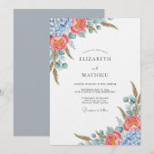 Invitation Fleur botanique bleu corail Mariage (Devant / Derrière)