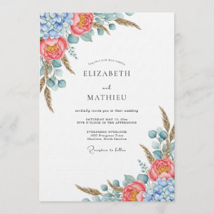 Invitation Fleur botanique bleu corail Mariage