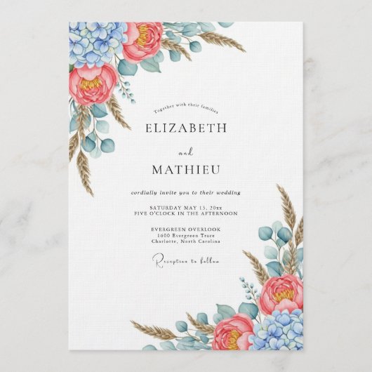 Invitation Fleur botanique bleu corail Mariage (Devant)