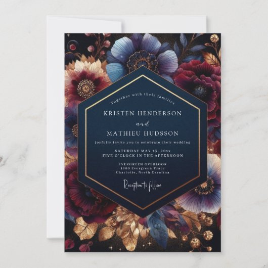 Invitation Fleur botanique Deep Blue pour mariage (Devant)