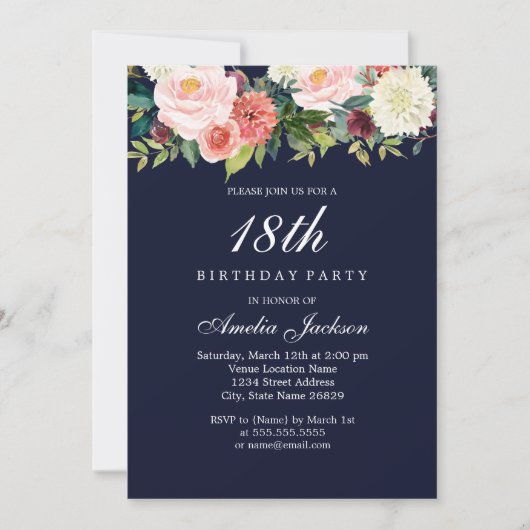 Invitation Fleur botanique pêche Navy 18e anniversaire (Devant)