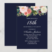 Invitation Fleur botanique pêche Navy 18e anniversaire (Devant / Derrière)