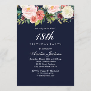 Invitation Fleur botanique pêche Navy 18e anniversaire