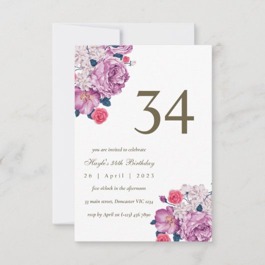 Invitation Fleur botanique pourpre simple chic 34e anniversai (Devant)